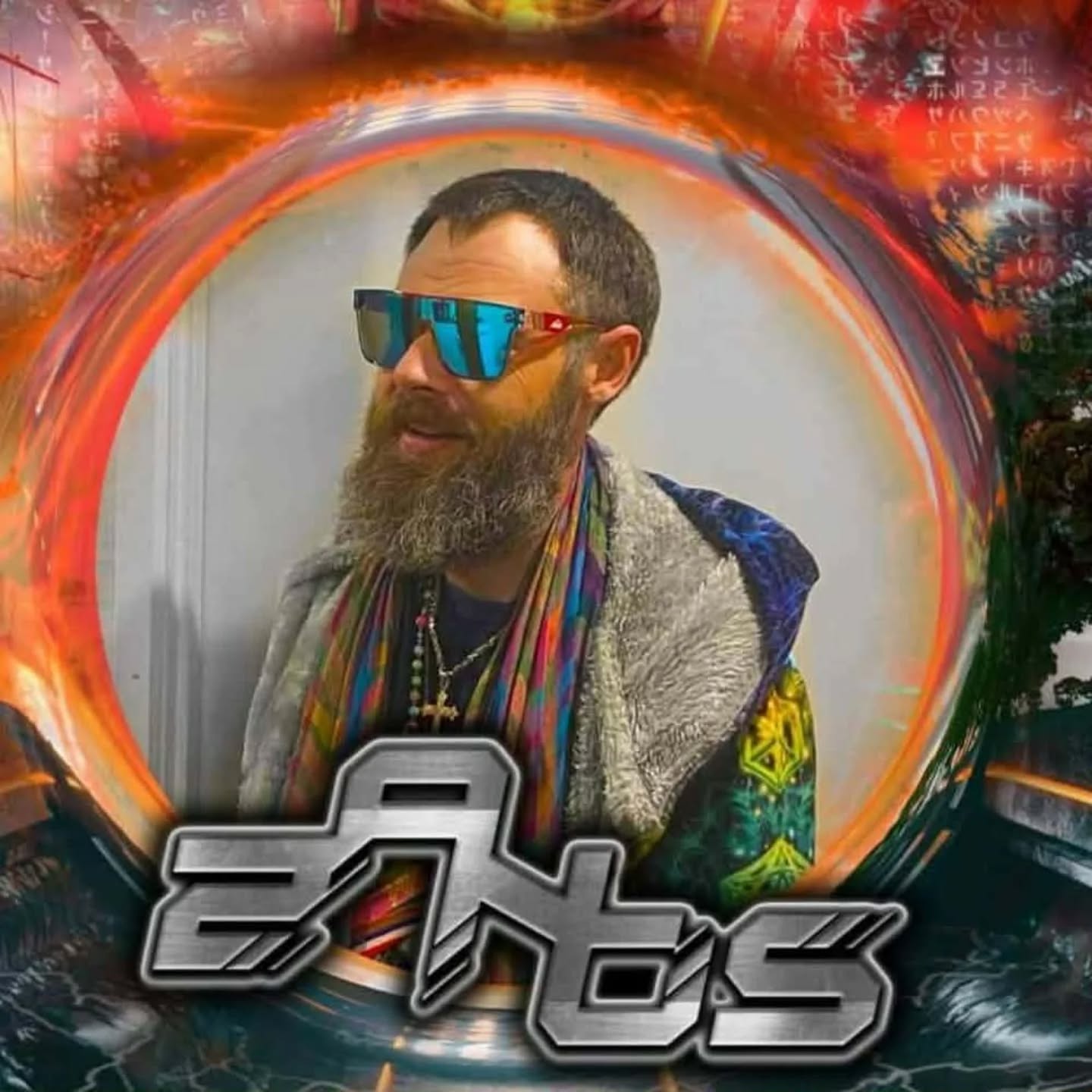 Zanos, a bearded DJ in mirrored sunglasses, with his personal logo treatment